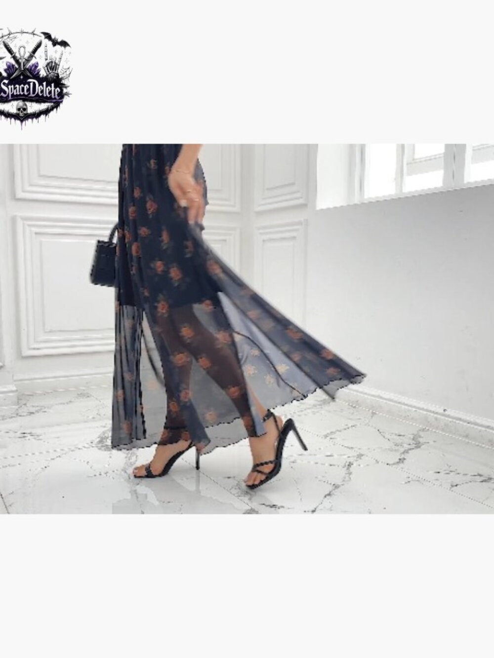 Mesh Maxi Dress with High Slit, Floral Print, Short Sleeve, High Waist - Picture 7 of 7